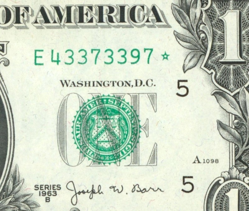 **STAR** $1 1963 (AU) ((JOSEPH BARR )) Federal Reserve ((3rd of 4 consecutive))
