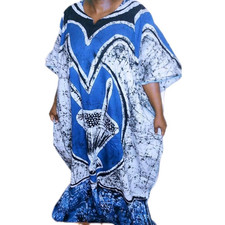Women  s African Blue Batik Cotton Long Dress One Size Dashiki Style