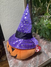Ty Pluffies Halloween Plush GOURDY Jack o Lantern Pumpkin Witch Purple Hat 2000s