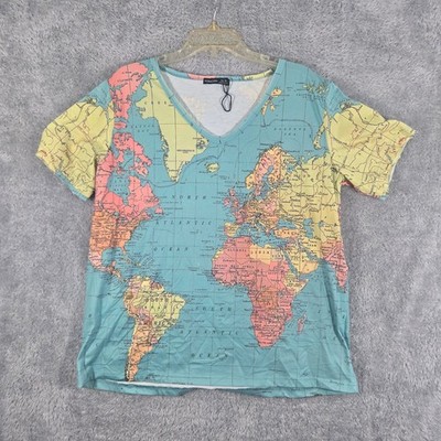 Noracora Womens World Map Print V-Neck Short Sleeve Cotton Tee Shirt Blue XL