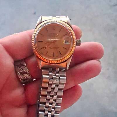 Rolex Datejust Champagne Dial Fluted Gold Bezel Auto Date Steel Bracelet