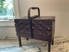 Vintage Wood Sewing Box Accordion 3 Tier Fold Out Chest Mid Century Modern