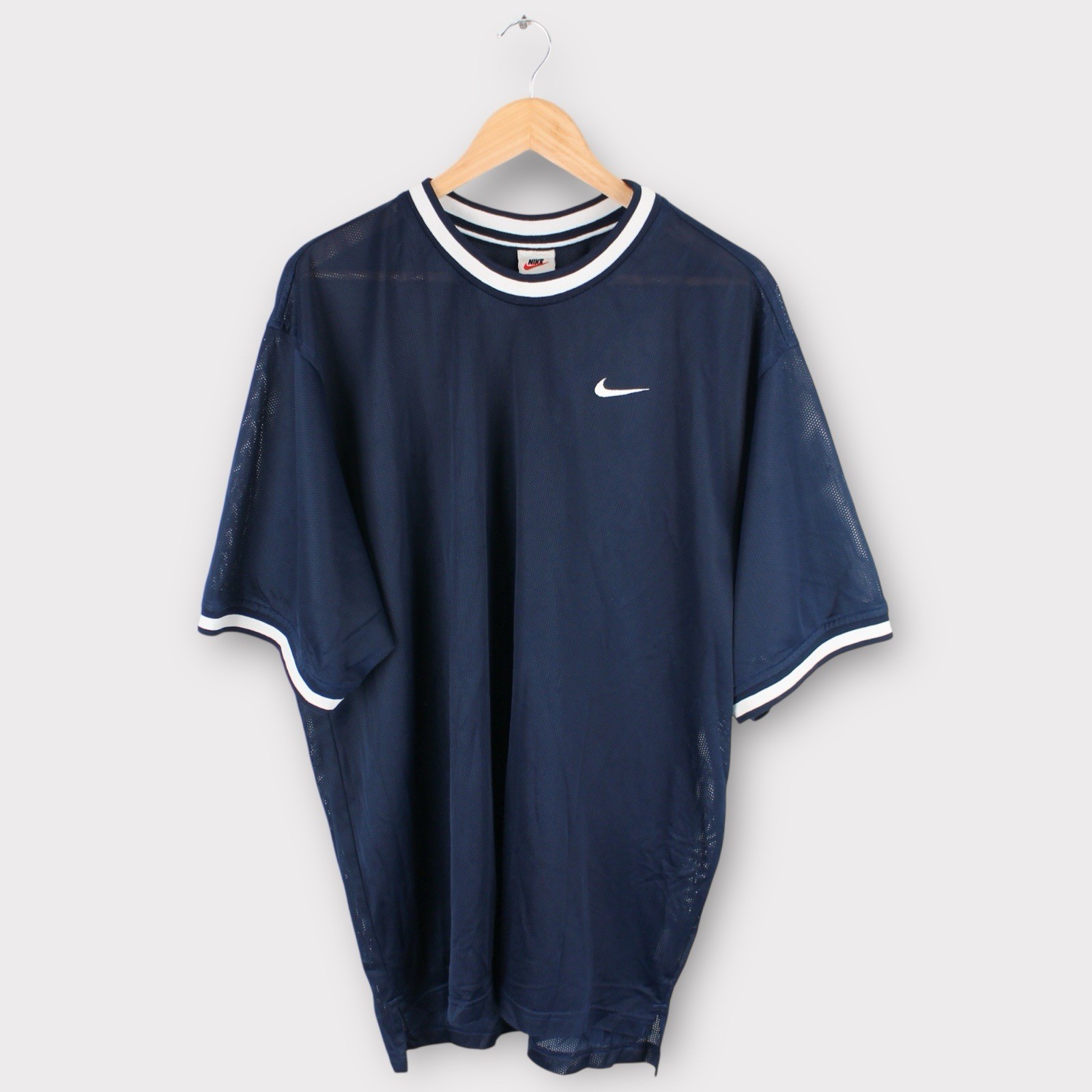 Vintage Nike Mesh Jersey T-Shirt Navy Blue White Trim Short Sleeve XL 90s