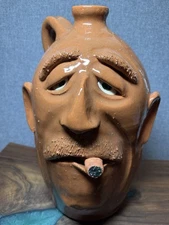 Dal Burtchaell Ugly Face Pottery Jug Brown Tones With Smoking A Cigar 16” Tall