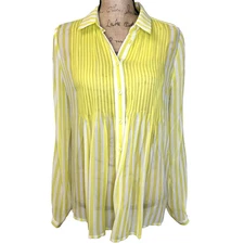 JEUNESSE Yellow White Striped Long Sleeve Button Up Sheer Silk Loose Shirt Sz M