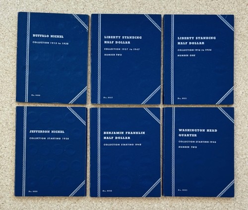 6 Vintage 1940-1952 Coin Folders Liberty Half Dollar Buffalo Nickel EmptyWhitman