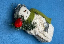 *HEARTS & IVY* Snowman Ivory Chenille “Let It Snow” Greens & Bird- 5”-Excellent