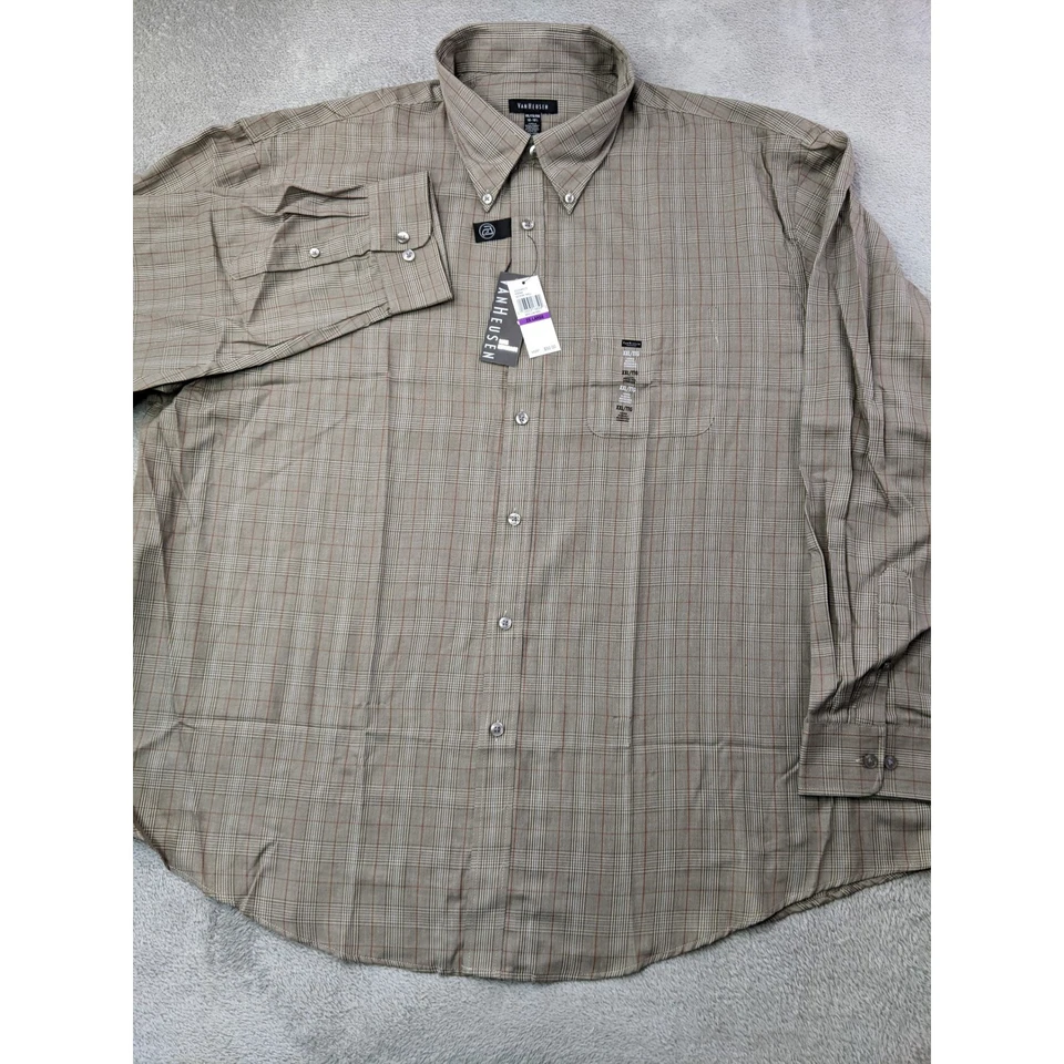 Camisa de vestir Van Heusen para hombre XXL 18-18,5 a cuadros con botones marrón manga larga Foto 2 de 4