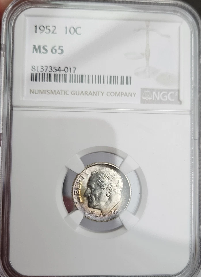 Toner 1952 Roosevelt Dime NGC MS65 ~ Beautifully Toned ~ Dual-Sided Toning  - Image 2 of 4
