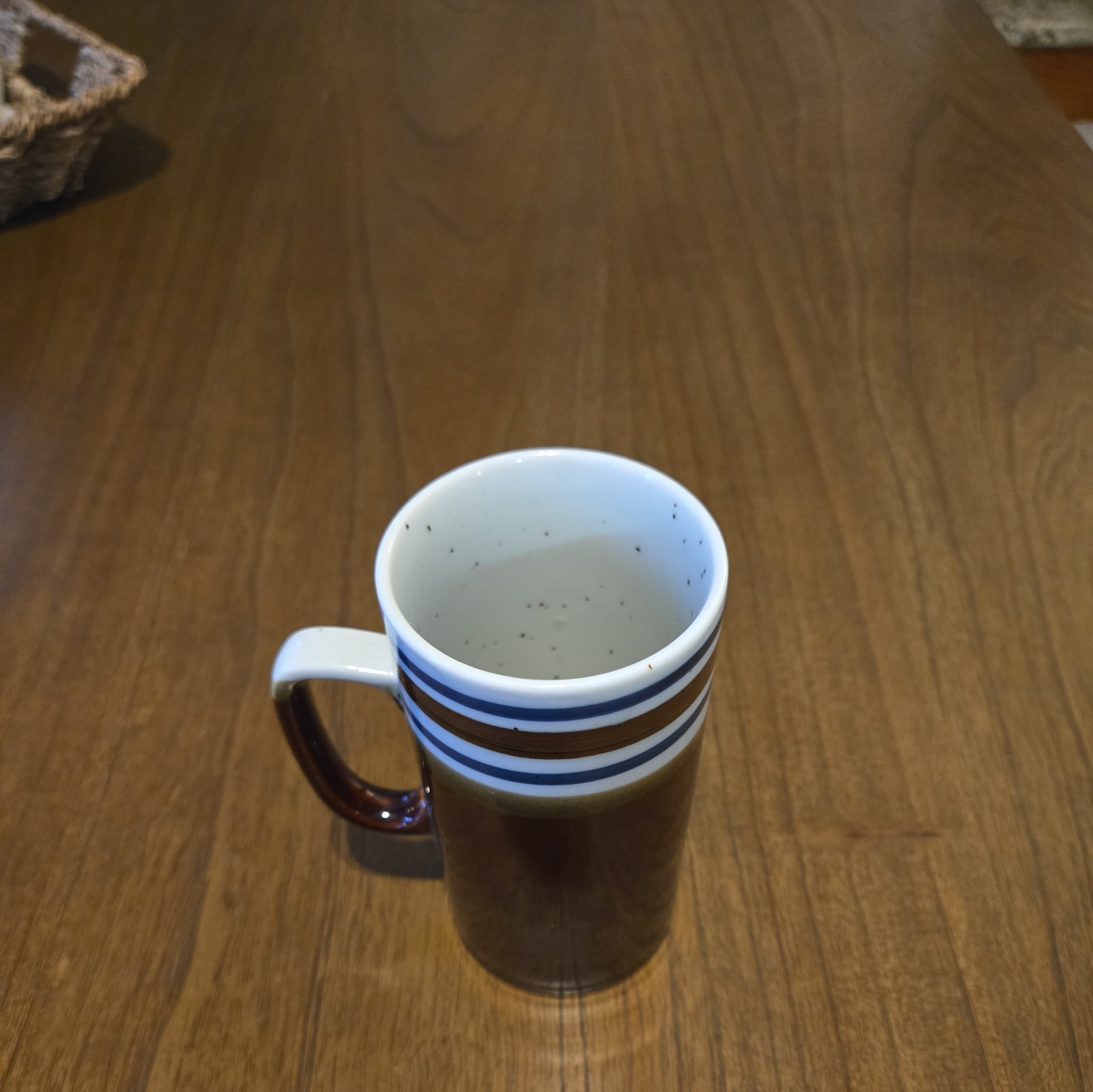 Vintage Brown Glazed White Handled Coffee Cup Mug with Blue Stripes