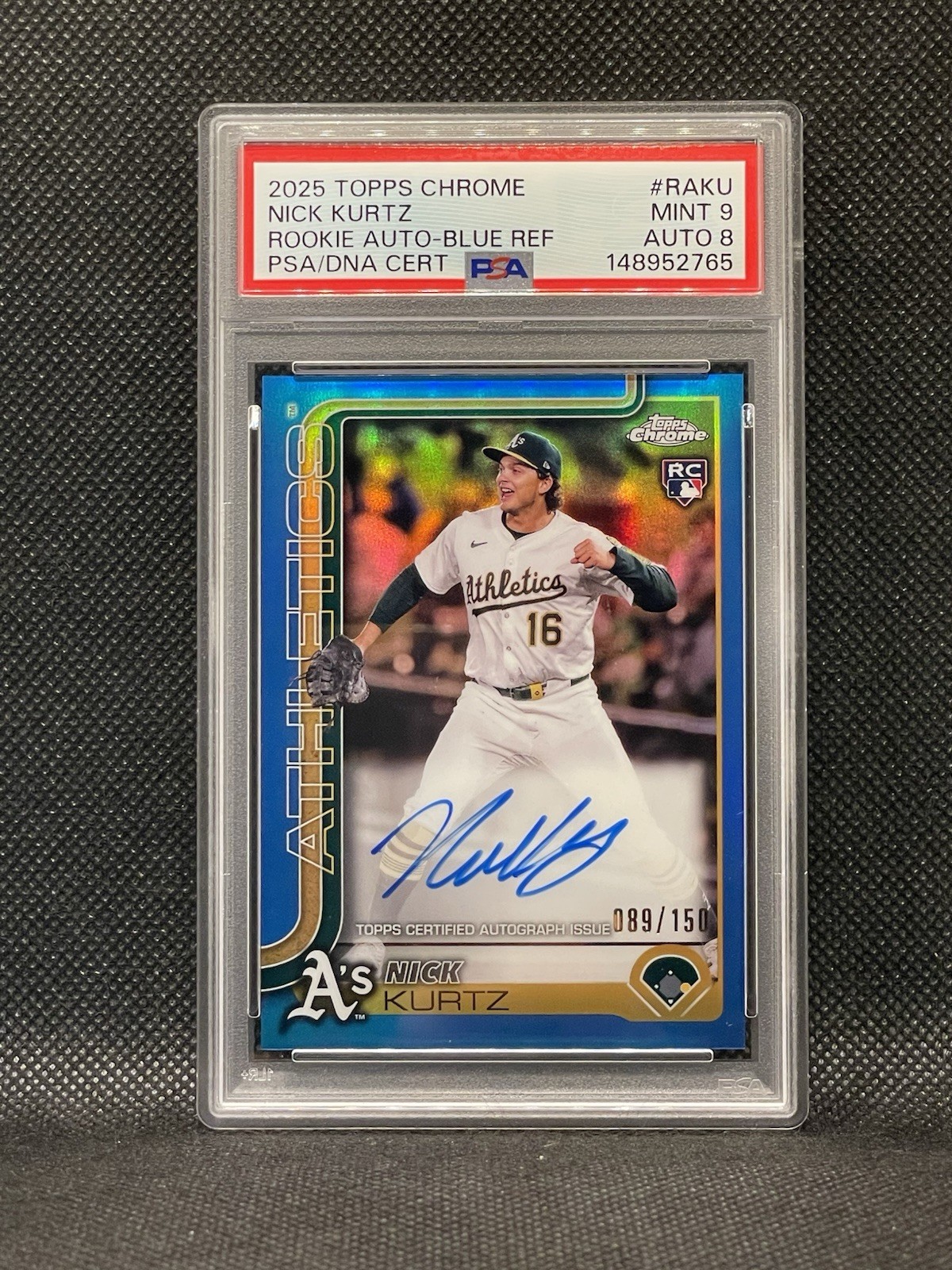 2025 Topps Chrome Rookie Auto Nick Kurtz Blue Refractor /150 PSA 9 Athletics RC