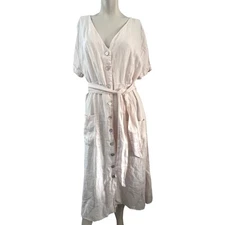 Rachel Zoe XL Linen Button Front Midi Dress Belted Coastal Boho Cottagecore Chic