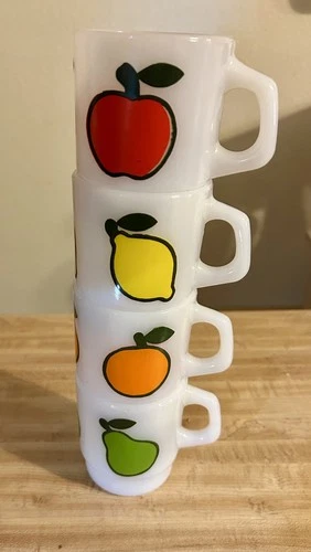 LOT 4 Anchor Hocking Fire King coffee mugs FRUIT stack Lemon Orange Pear Apple 