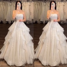 Elegant Strapless Wedding Dresses Ruffles Lace Appliques A Line Bridal Gow