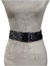 Vintage 70s 80s BLACK Silver SEQUIN Stretch Belt With Black Buckle 25-32  Disco
