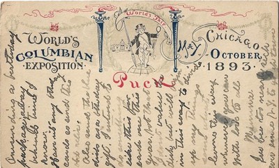 1893 Pioneer Postcard Columbian Exposition World's Fair Puck Magazine Ad Color