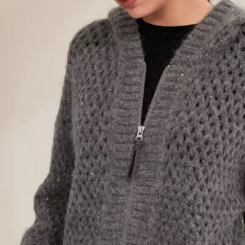 Brunello Cucinelli женщин новый с капюшоном блестками кашемир полый вязаный кардиган - Изображение 3 из 4