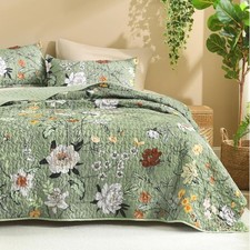 Floral Green Quilt Queen Size 3 Pieces Sage Botanical Birds Pattern Quilt