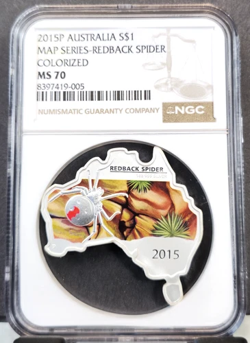 2015 AUSTRALIA SILVER 1 DOLLAR MAP SERIES REDBACK SPIDER NGC MS 70 RARE PERFECT