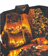 Robert Graham M Fireplace Drinks Christmas Shirt Black & Burgundy NWT $278