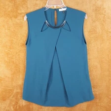HALSTON HERITAGE Top Womens Size 2 Teal Pullover Sleeveless Cut Out Pleat Metal