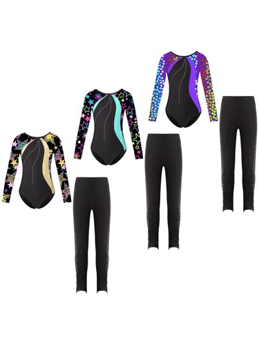 Kids Girls Leotard Figure Set Stage Outfit Mesh Pants Rhinestones Hoodie Suit - Picture 4 of 35