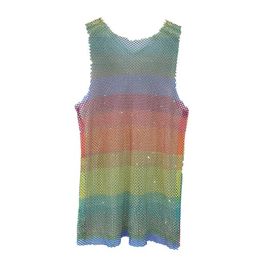 Unisex Hollow Out Rhinestone Tank Top Vest Crystal Glitter Rainbow Camisole Chic - Picture 8 of 8