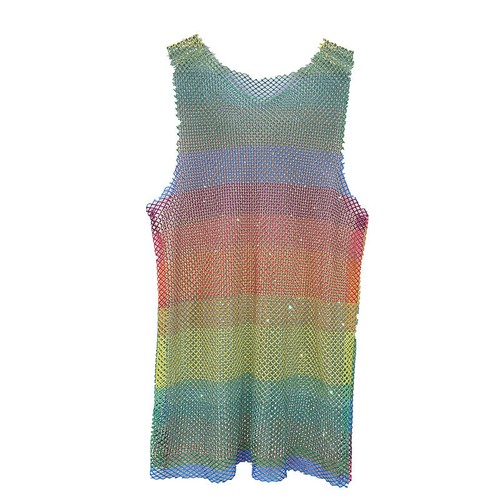 Rhinestone Crystal Camisole Rainbow See Through Fishnet Cover up Vest Tops - Picture 1 of 8