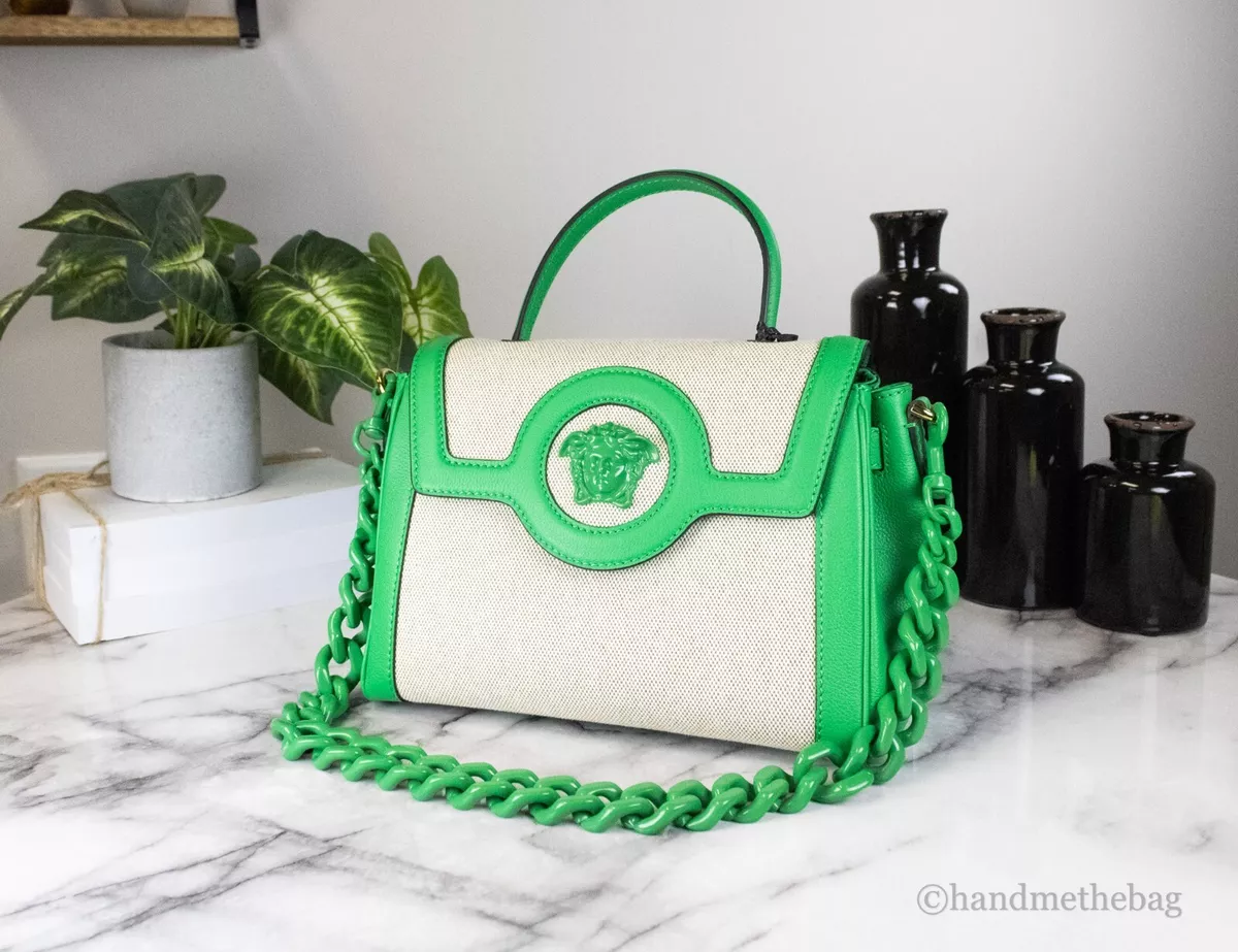 Versace La Medusa Green Leather Top Handle Canvas Satchel Tote Crossbody Purse