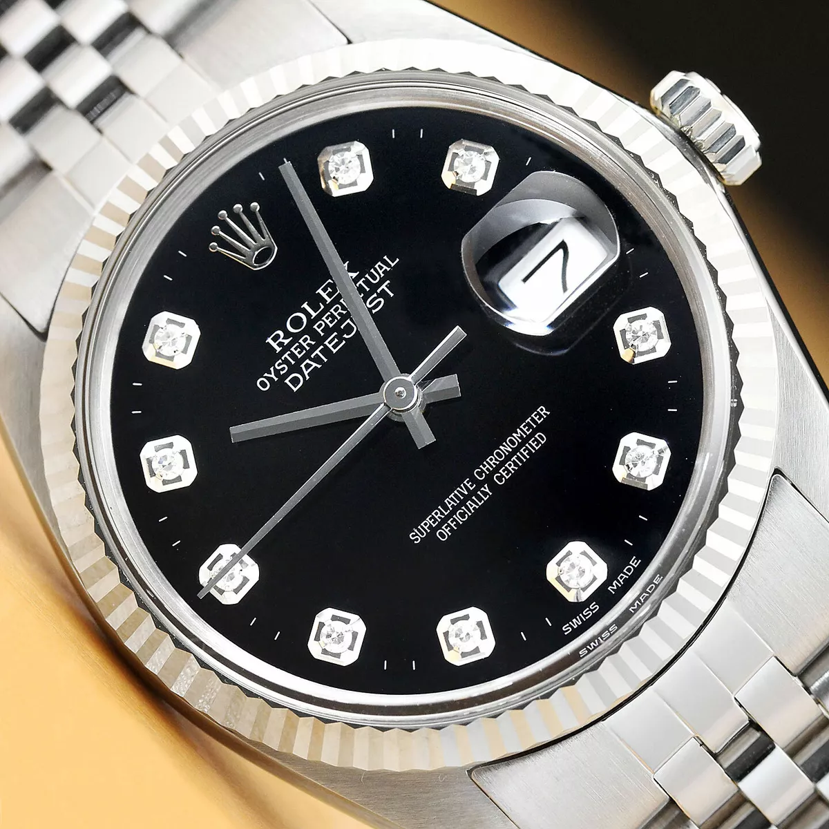 MENS ROLEX DATEJUST BLACK DIAMOND DIAL 18K WHITE GOLD STAINLESS STEEL WATCH