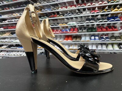 Chanel Black Leather Camellia Ankle Strap Heel Flower Accent Size