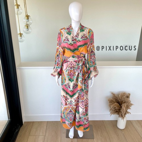 ZARA NUOVO ABITO KIMONO CON CINTURA AVVOLGENTE STAMPATO BOHO ROSA ARANCIONE L LARGE 3409/736 - Foto 6 di 20