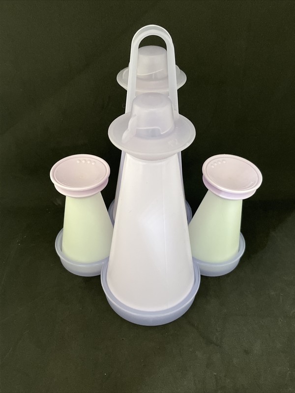 TUPPERWARE IMPRESSIONS Caddy Set Oil Vinegar Salt Pepper Purple Lilac Vintage
