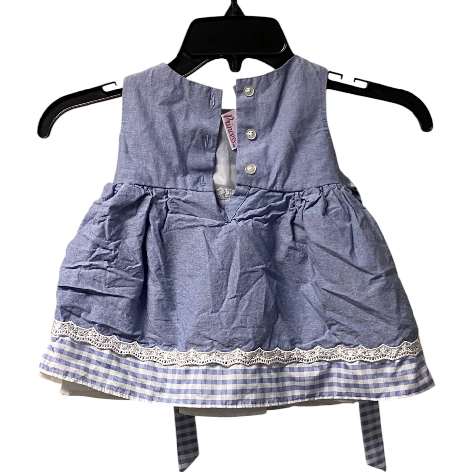 La Princess 连衣裙 婴儿/女宝宝 尺寸 6/9M 蓝色格子蕾丝无袖 — 第 2/4 张图片