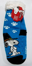 Snoopy Peanuts Plush Sherpa Slipper Socks Blue Thanksgiving Pilgrim Gripper