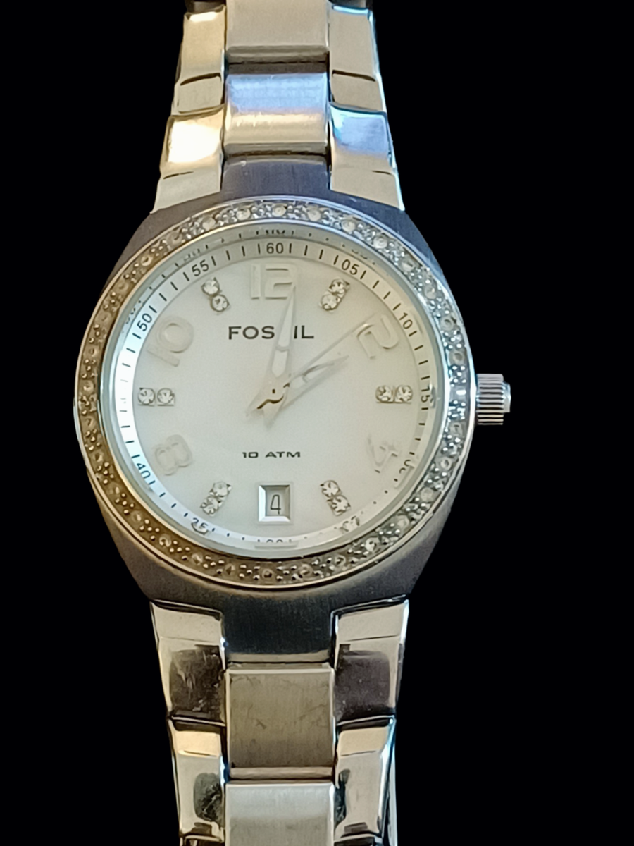 Vintage Y2K Fossil AM4175 Casual Mother Of Pearl & Silver Watch Jewelry w/ Bling Bling Fossil Watch - Gem main image 2