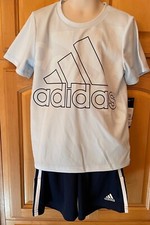 NWT ADIDAS Boys 2 Piece Short Outfit, Light Blue/Navy, Size 7, AG6235, 44