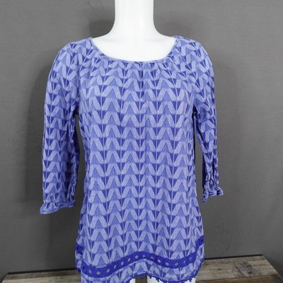 Womens Top Medium Blue Boho Relaxed Cotton Eyelet Crochet Everyday Effortless