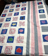 Country Cottage Machine Stitched Blue Pink Calico Block Quilt Top 82"x84"