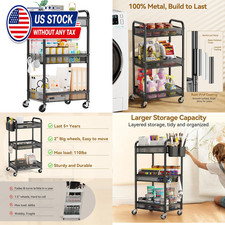3 Tier Metal Rolling Cart, Black Utility Storage Cart with Wheels