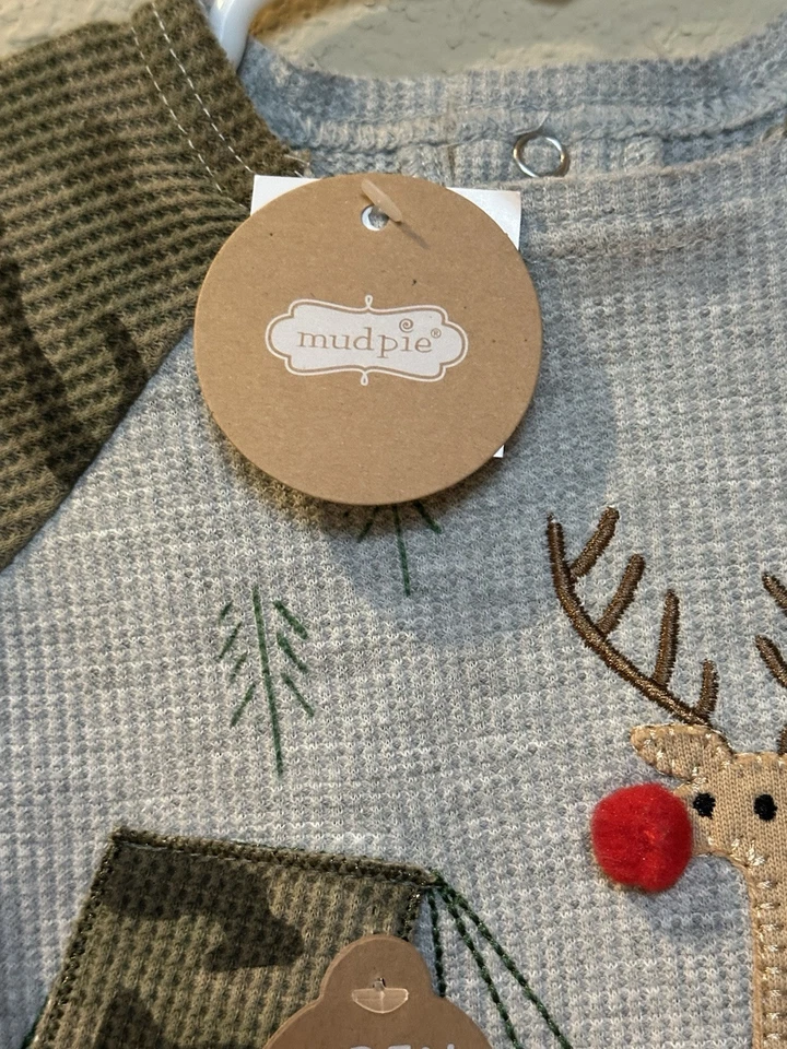 Mudpie Reindeer Christmas Romper-Baby Boys 3-6 Months-Gray NWT - Image 2 of 4
