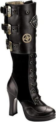 Demonia Steampunk Knee BT Cog & Bee Brass Detailing, Blk Vegan Leather, Size 8