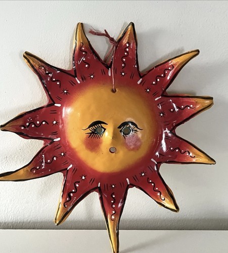 Sun Face Mask Celestial Painted Coconut Handmade Mexican Folk Art 10” Tall