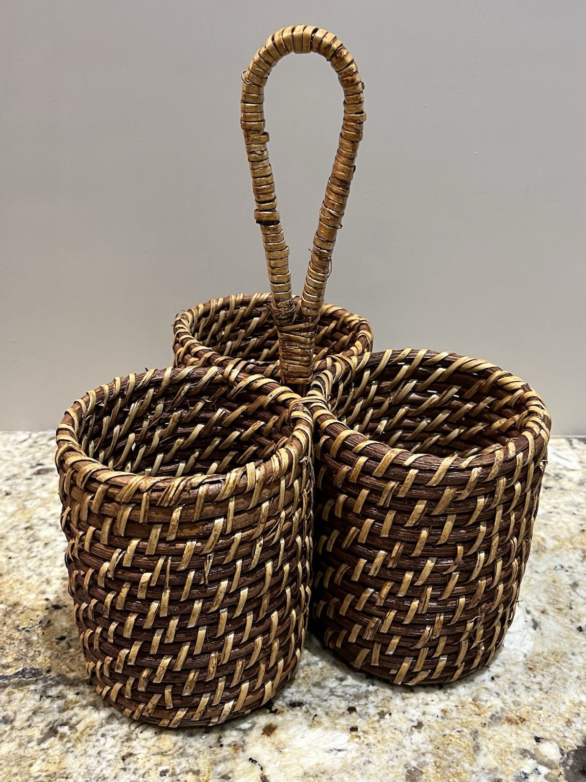 Vintage 3 Slot Rattan Woven Utensil Caddy  Natural
