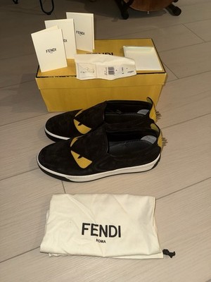 Fendi Monster Bag Bugs Eyes Slip-On Sneakers Black Suede Yellow