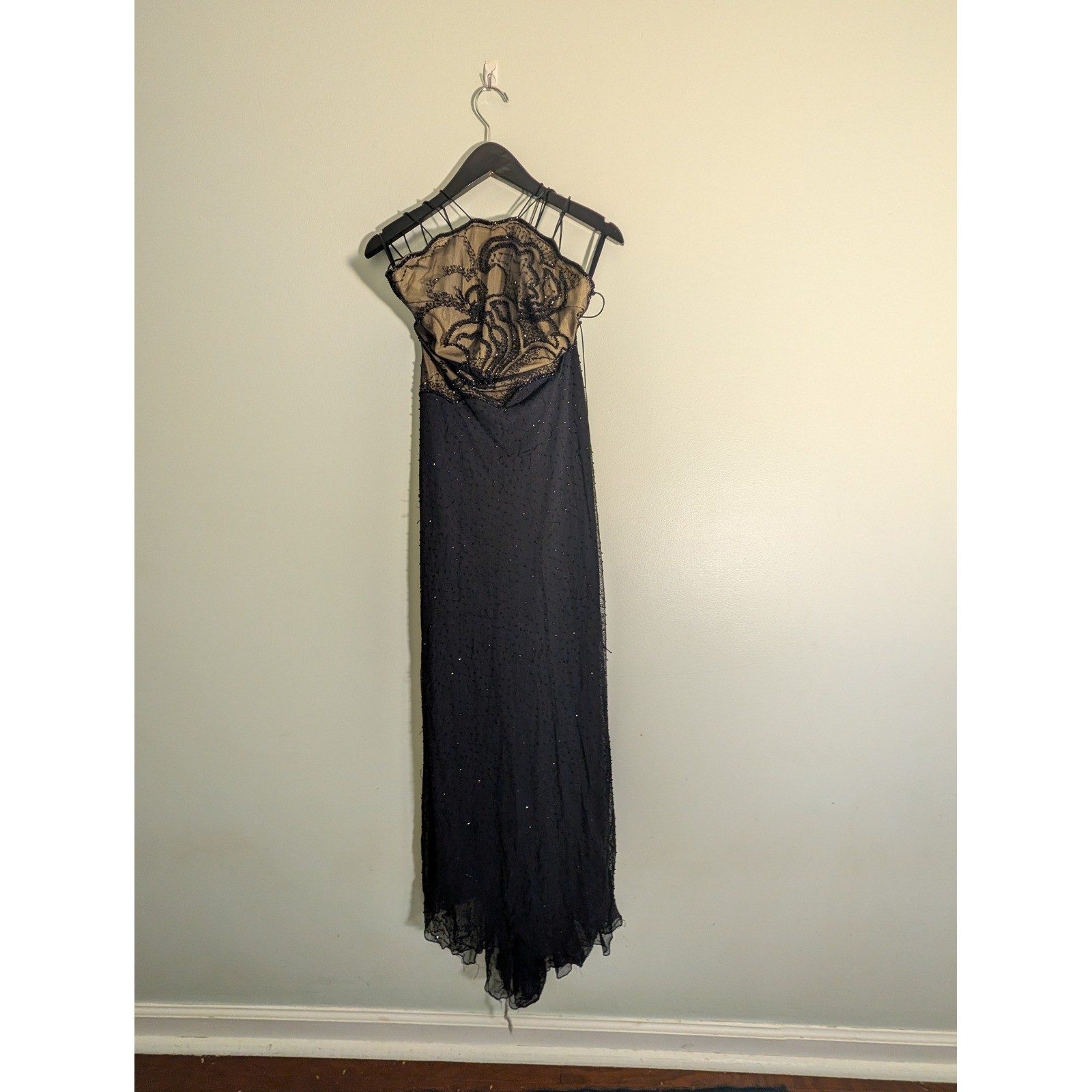 VTG Cache small Whimsigoth Fairy Beaded Gown Strappy Back Black/Nude vamp Dress