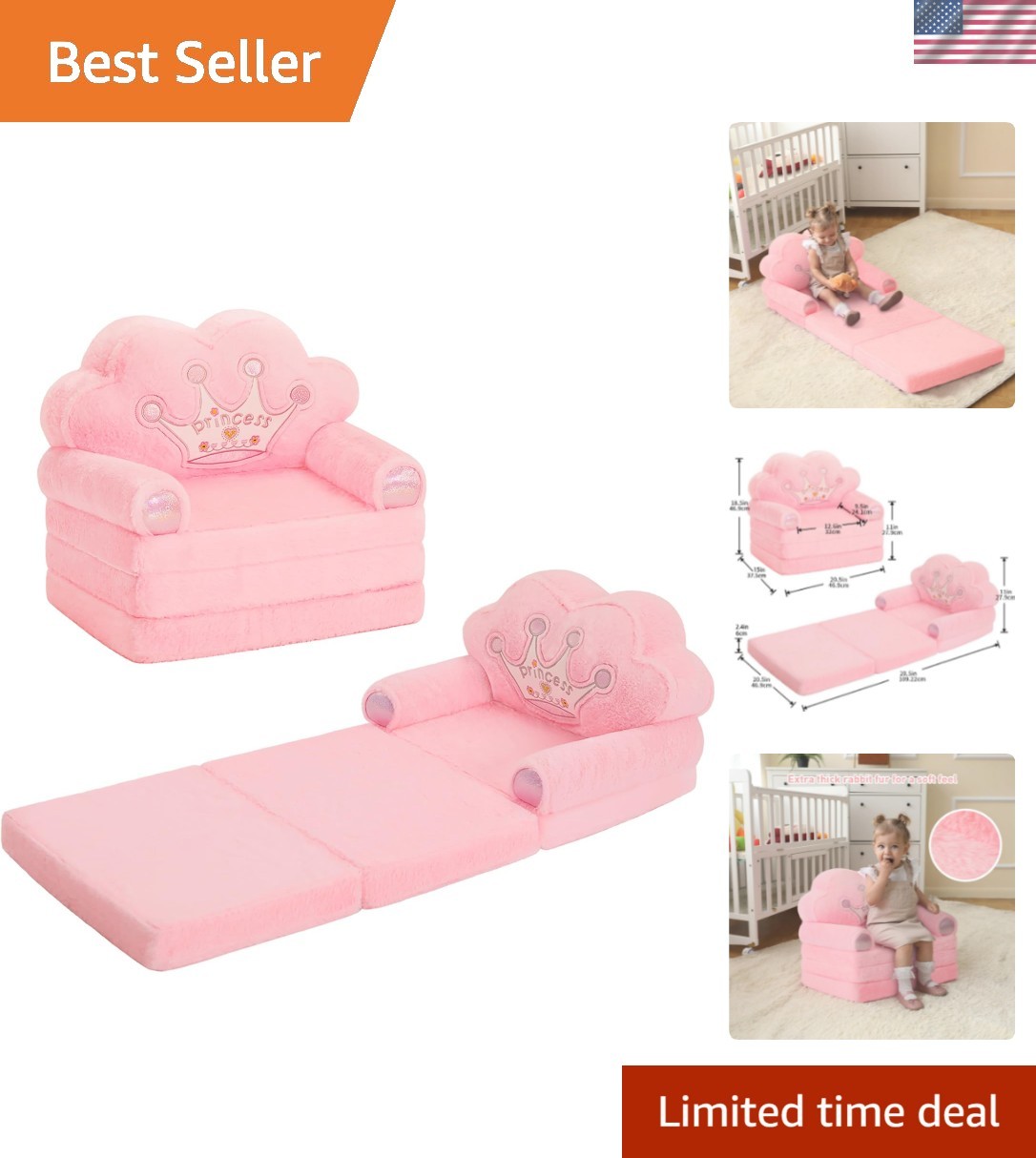 Comfy，foldable Princess Couch For Girl, Toddler Recliners 
