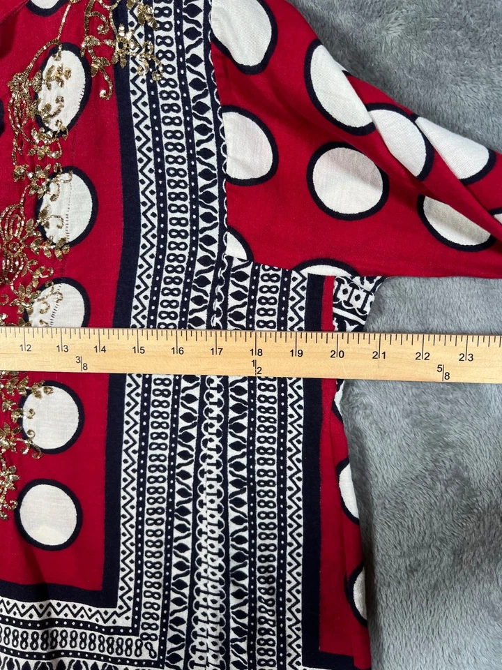 Dosa Embroidered Tunic Womens Size 4 Large Red Black Gold Blouse Bold Print - Image 3 of 4