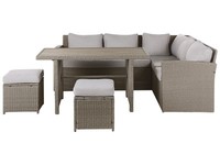 Lounge Set Rattan Beige Taupe Tisch Zwei Hocker Auflagen Grau 5-Sitzer Bardi