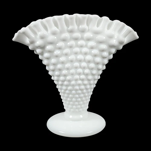 Vintage Fenton Milk Glass Hobnail Fan Vase Ruffled Edge, 5.76" Tall